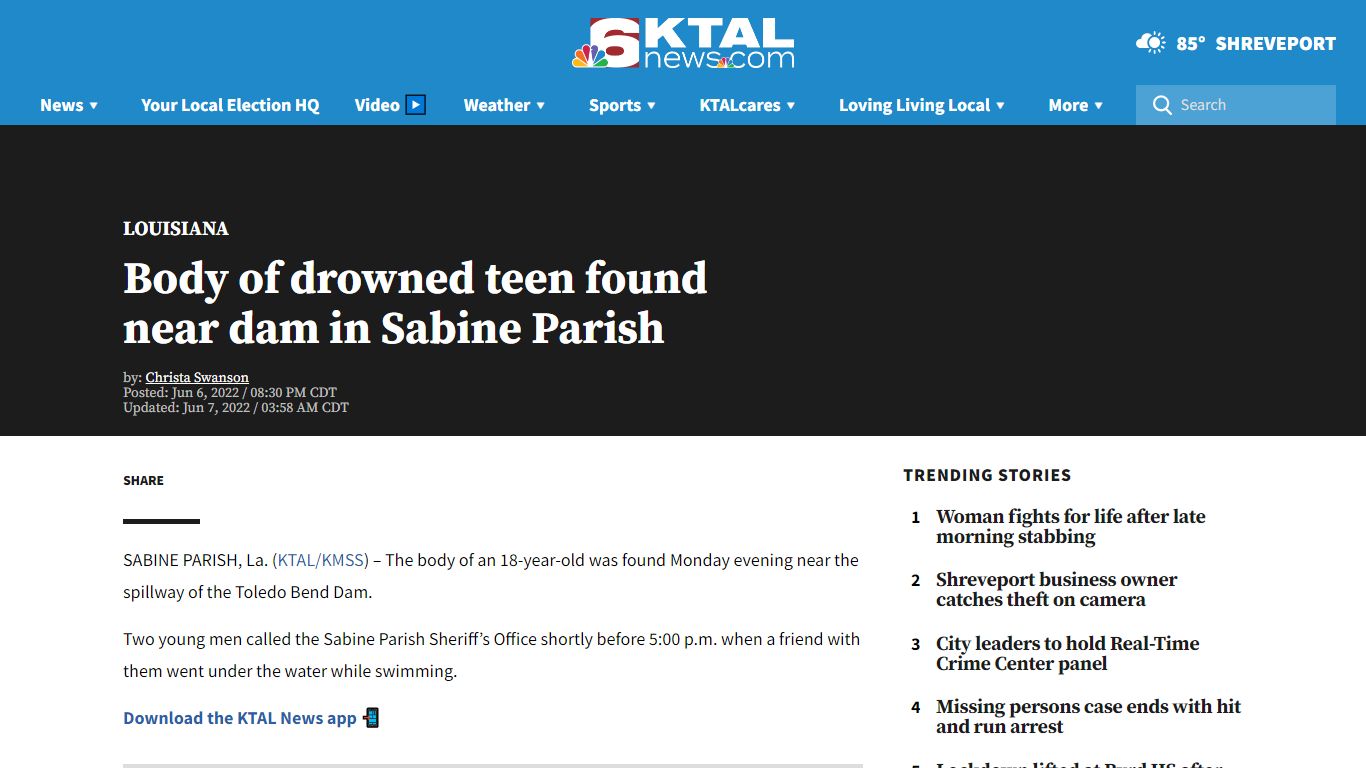 Body of drowned teen found near dam in Sabine Parish